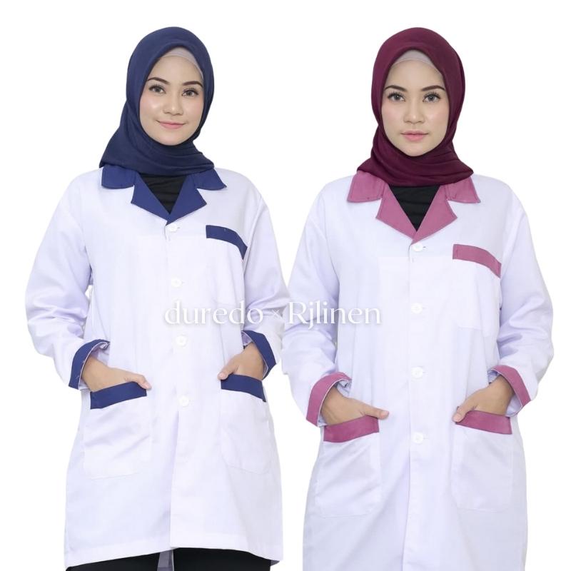 RJLINEN Jas Laboratorium Kombinasi Seragam Lab Baju Praktek Klinik Pria Wanita Lengan Pendek dan Panjang