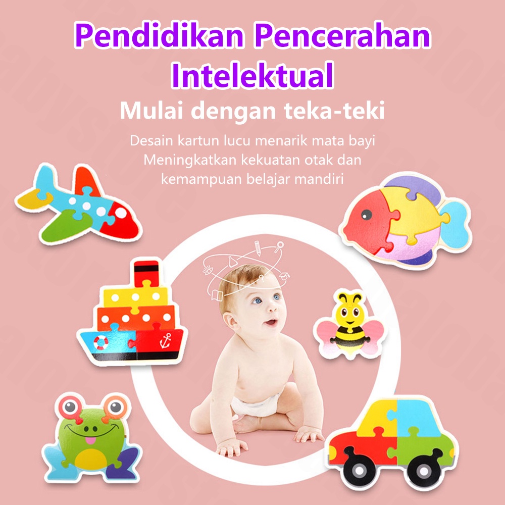 Halo Baby 3D wooden puzzle kayu/Karakter Hewan dan Kendaraan Lucu Puzzle Wooden/chunky puzzle Mainan Edukasi Anak