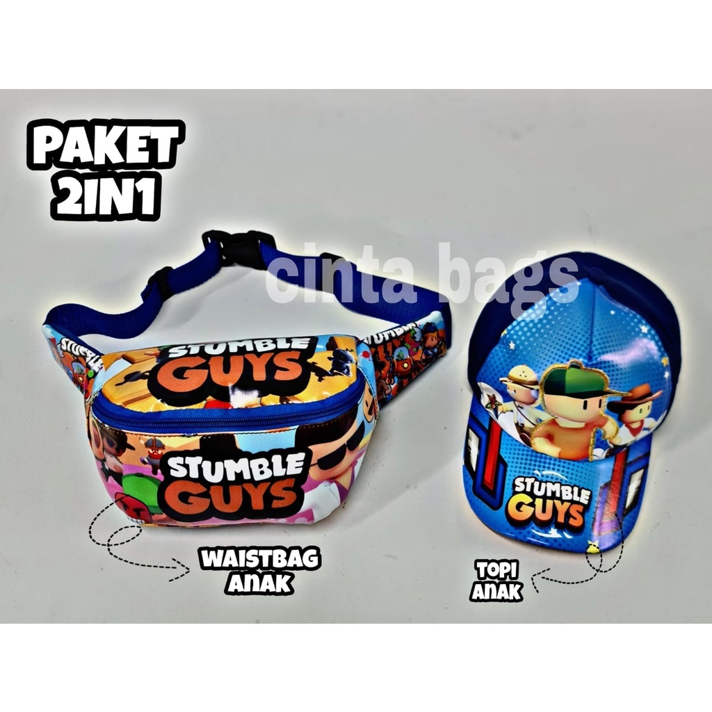 (BISA COD) PAKET 2 IN1 WaistBag Anak Laki Laki Motif Stumble Guys +Topi Anak Karakter