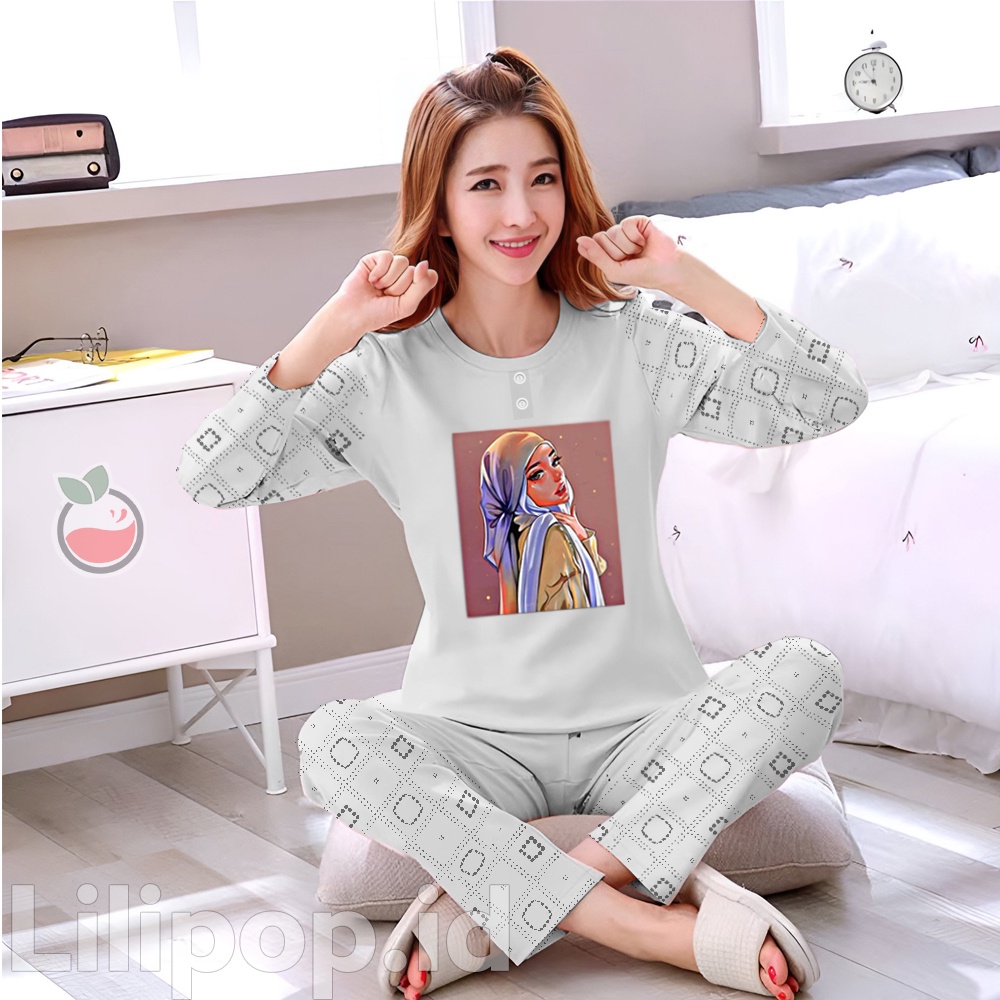 Lilipop.id  Baju Tidur Wanita Muslimah Celana Panjang PP Allsize Lengan Panjang Baby Doll Bahan Kaos Dewasa