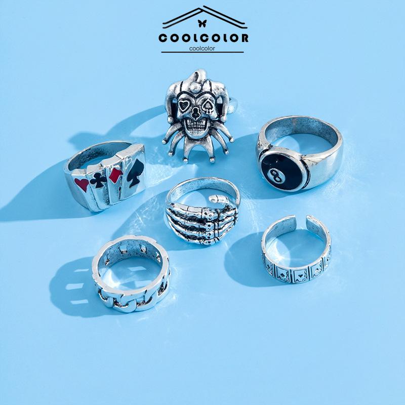 COD❤️6PCS/Set Cincin Unisex  Punk Membesar-besarkan  Badut Poker Cakar Hantu Tengkorak  Perhiasan Bulat Nomor 8- cl