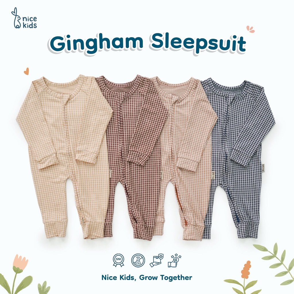 Nice Kids - Gingham Sleepsuit Bayi Motif Kotak Korea (Baby Sleepsuit Romper Jumper Baju Tidur Bayi 0-2 Tahun)