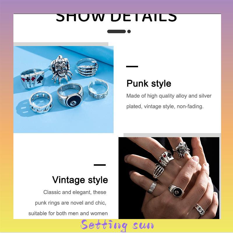 6PCS/Set Cincin Unisex  Punk Membesar-besarkan  Badut Poker Cakar Hantu Tengkorak  Perhiasan Bulat Nomor 8 TN