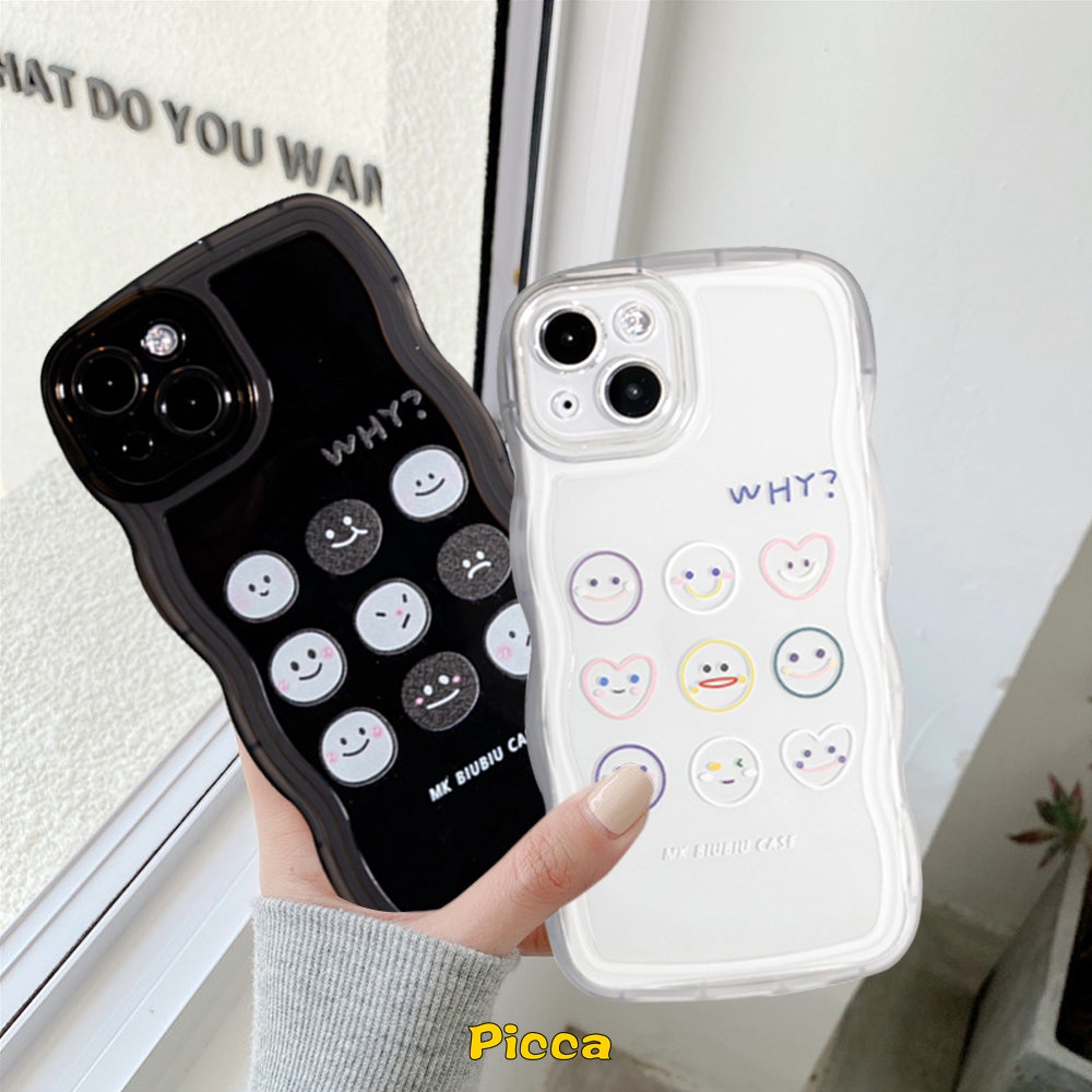 IPHONE Case Pasangan Smiley Lucu Kompatibel Untuk Iphone11 13 12 14 Pro Max 14Plus XR 6 6s 87 Plus X XS Max SE 2020kartun Ekspresi Lucu Transparan Wavy Edge Soft TPU Cover