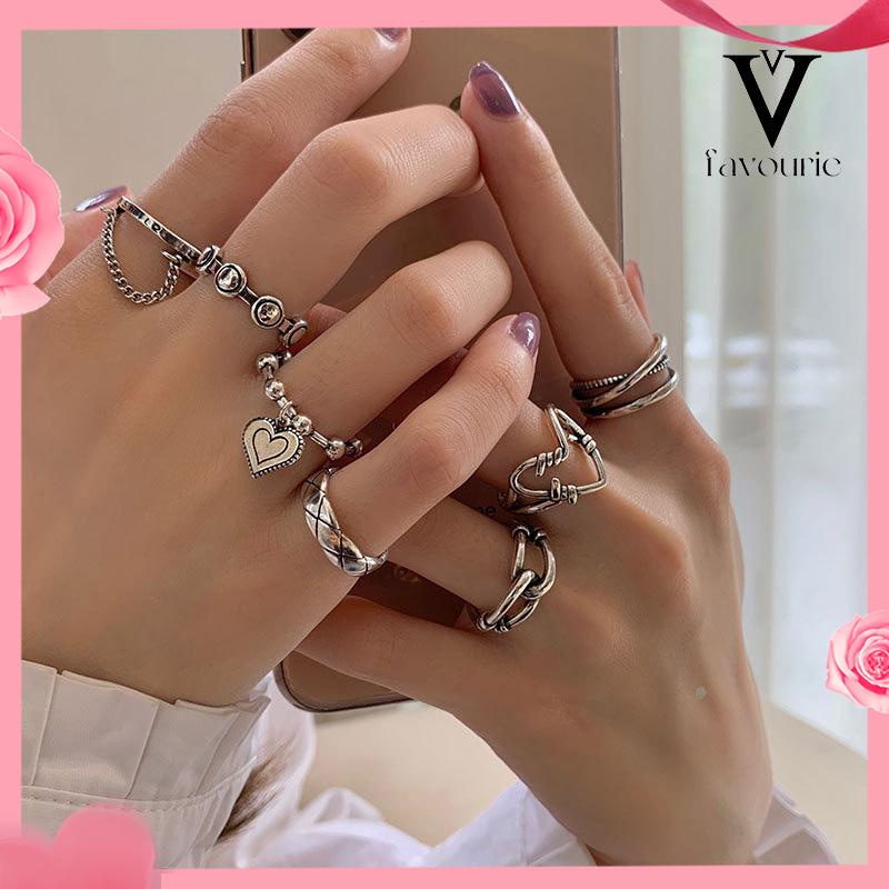 COD7Pcs/Set Perhiasan Cincin Rantai Cinta Fashion Korea Vintage Adjustable Gaya Untuk Wanita-FA