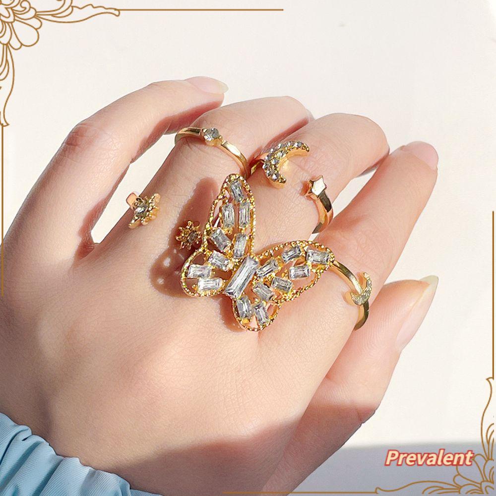 Preva 5Pcs/Set Cincin Berkilau Wanita Berlian Metalik