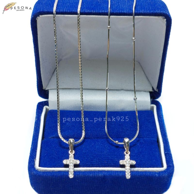 set kalung perak asli silver 925 lapis emas putih - model liontin salib - salib full permata - perak