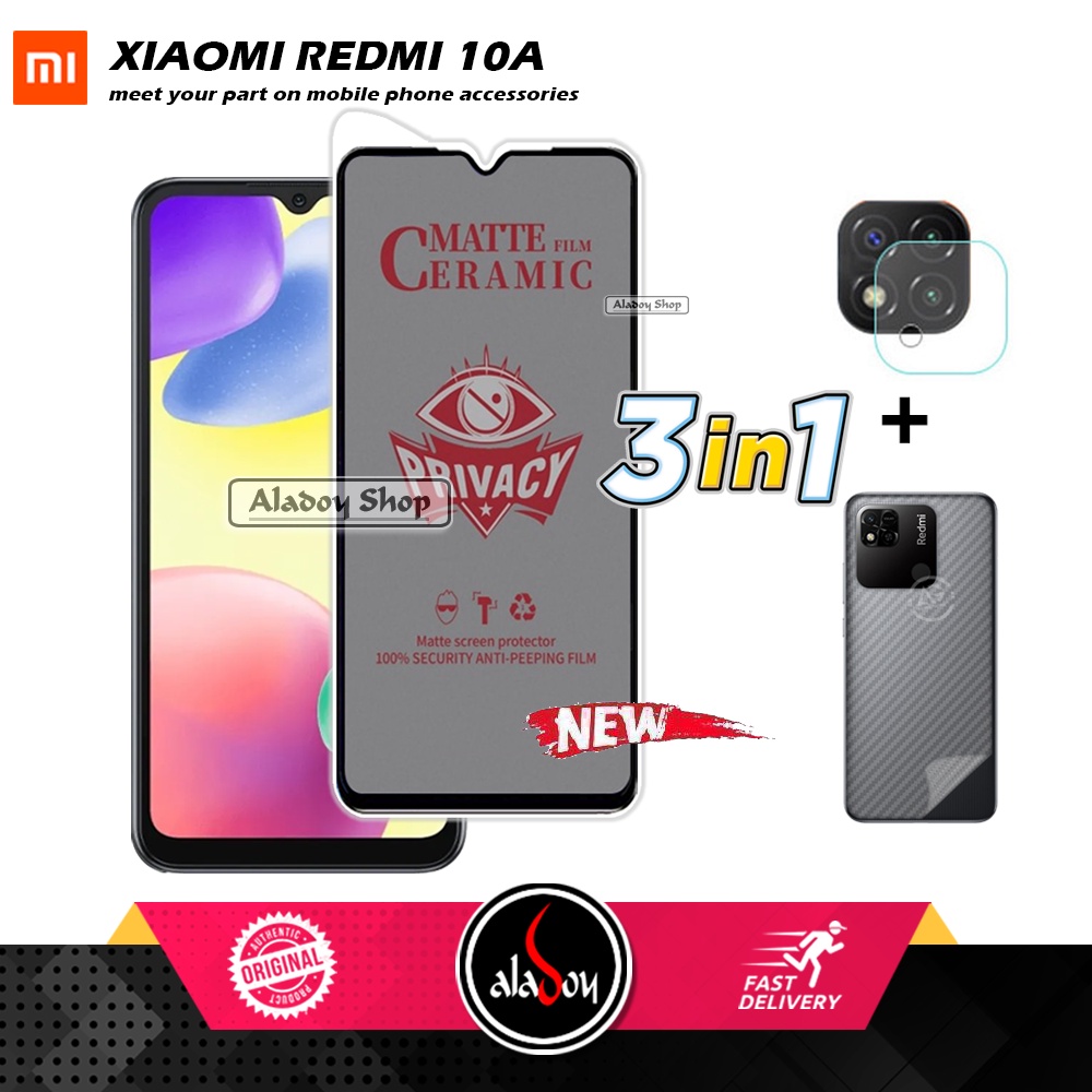 Tempered Glass Anti SPY Xiaomi Redmi 10A Anti Gores Privacy + Tempered Glass kamera dan Skin Carbon