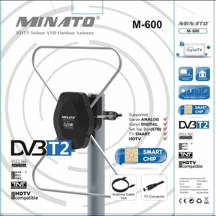 Antena TV Digital Minato M-600 DVB-T2 - Antena Outdoor / Indoor + Kabel 10 Meter