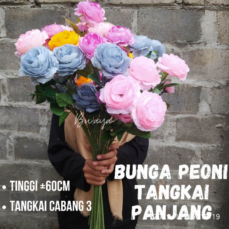 Bunga Peoni Tangkai Panjang Cabang 3 Bunga Dekorasi Bunga Buket