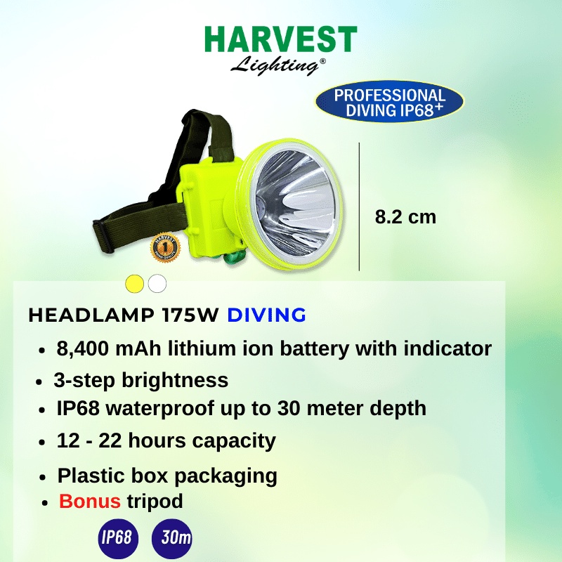 175W Headlamp HARVEST LIGHTING Senter Kepala LED Professional DIVING IP68 8400 MAH Lampu Emergency Selam Spearfishing Travel Hunting Rechargeable  Original Bergaransi