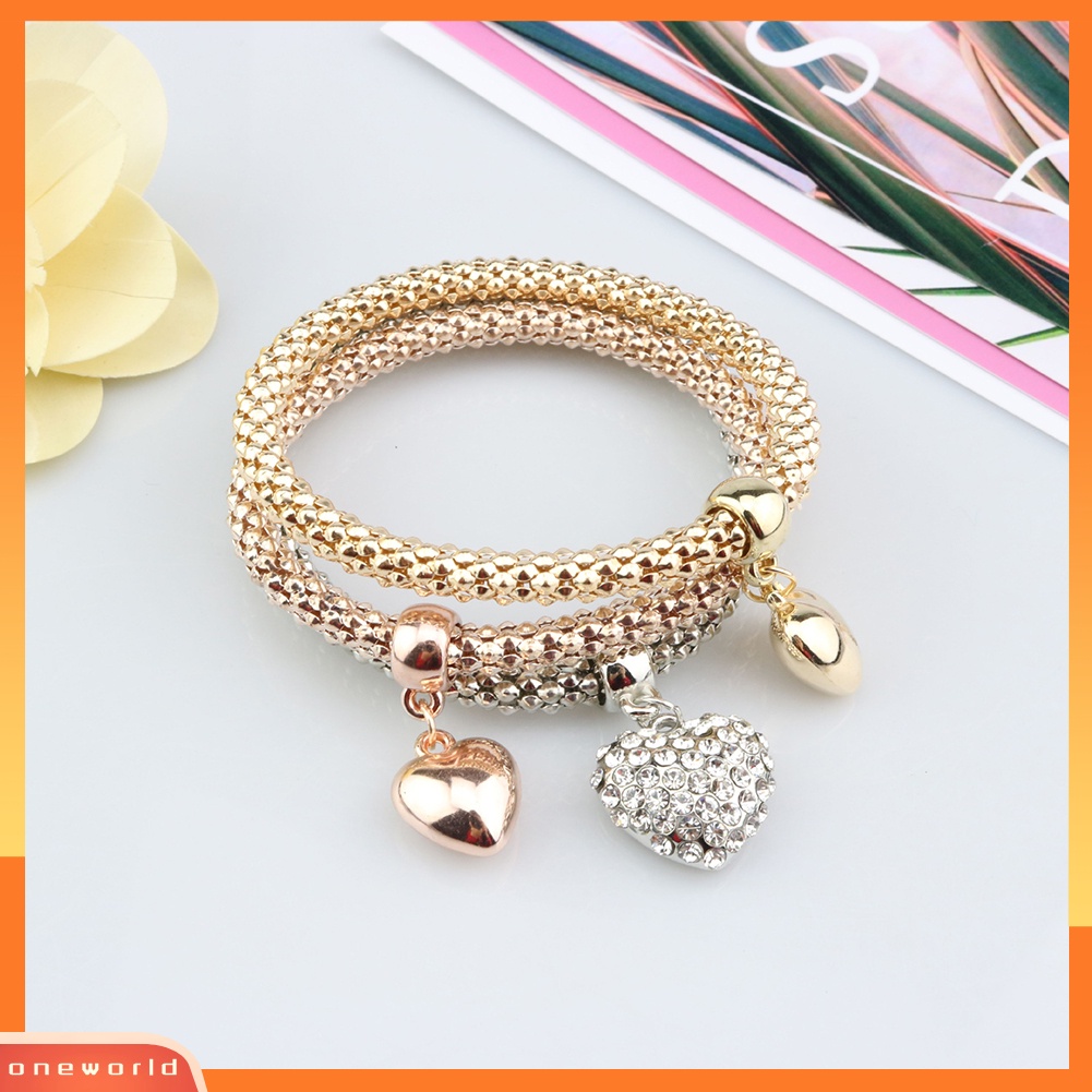 [WONE] 3pcs/set Berlian Imitasi Jantung Tangan Fatima Pesona Rantai Jagung Lady Gelang Bangle