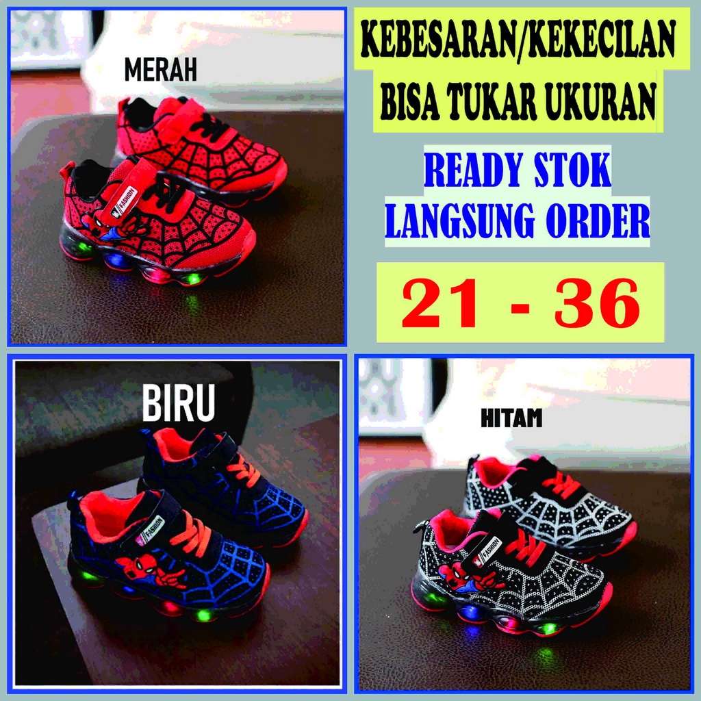 Sepatu Led Spiderman Anak Laki-Laki Sneakers Sneaker Spider Laba-Laba Lampu Nyala Size Ukuran 21-36 