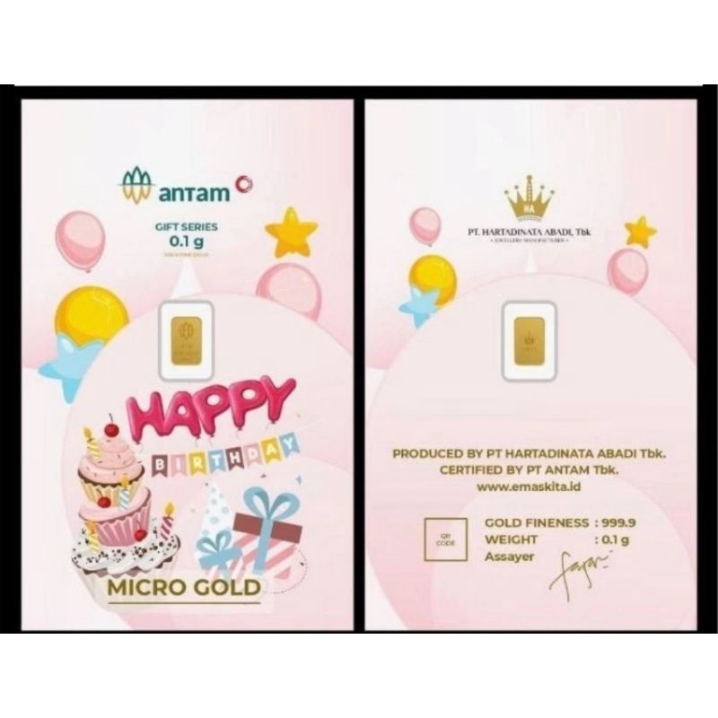 KADO HADIAH ULANG TAHUN EMAS 0.1 GRAM LOGAM MULIA LM 0,1 GR ANTAM ASLI ORIGINAL KARTU UCAPAN HAPPY B