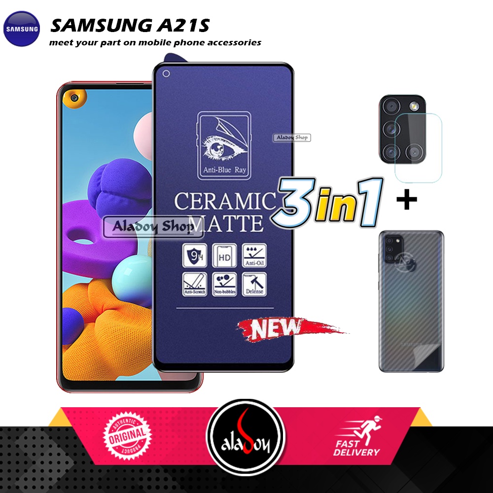 PAKET 3IN1 Anti Gores Blue Matte Anti Glare Samsung A21S + Tempered Glass Camera dan Skin Carbon