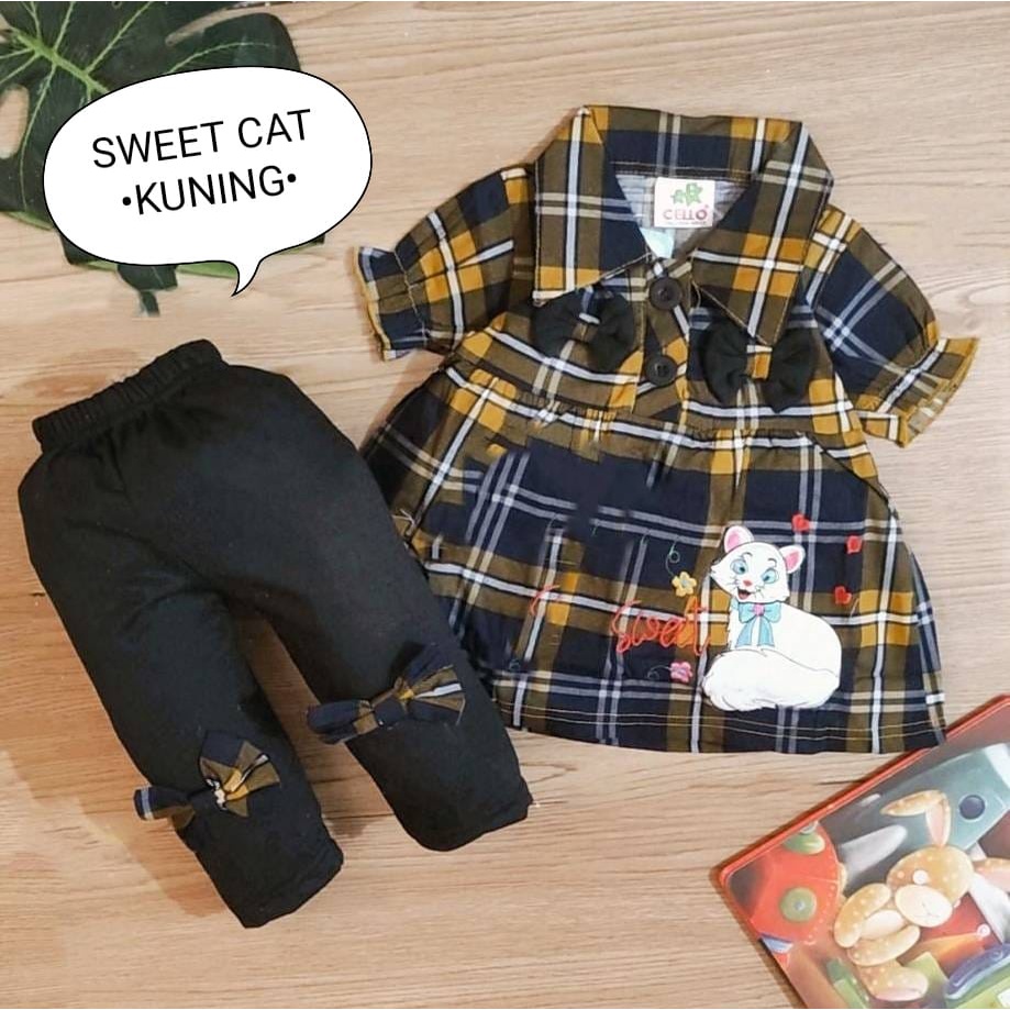 Setelan Baju Anak Perempuan / Setelan Kemeja Legging Bayi Cewek Celana Panjang Motif Sweet Cat Usia 0-2 Tahun