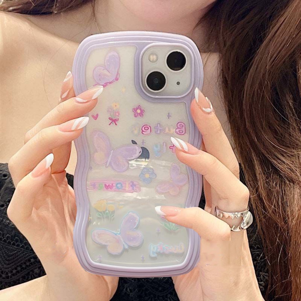 IPHONE Case Fashion Cocok Untuk Iphone14 11 12 13 Pro MAX iPhone6 7 8 Plus 6s Plus XR 14Plus XS MAX SE 2020kas Bingkai Gelombang Lucu Kartun Kupu-Kupu Shockproof TPU Soft Cover RIXUAN