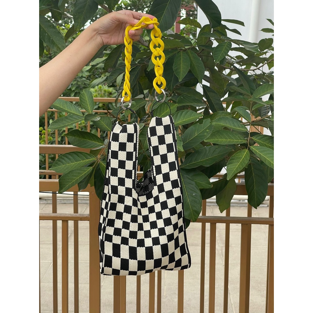 KOREAN SMALL CHECKERED BNW WITH MATTE CHAIN YELLOW | TAS RAJUT / TOTE BAG / TAS KEKINIAN / KOREAN TO