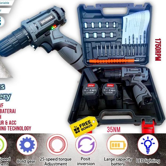 ㄲ Mesin bor tanpa kabel baterai cordless 42 volt 13mm beton besi kayu full set pilihan 25 torsi UCHI