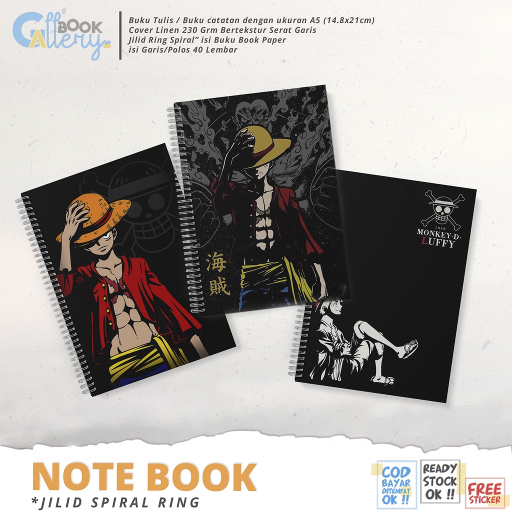 

[SP] Buku Tulis / Buku Catatan / Note book Anime One Piece, Monkey D. Luffy Jilid Ring Spiral Dengan isi Book Paper Garis/Polos 50 Lembar Free Poster dan Stiker Ukuran A5