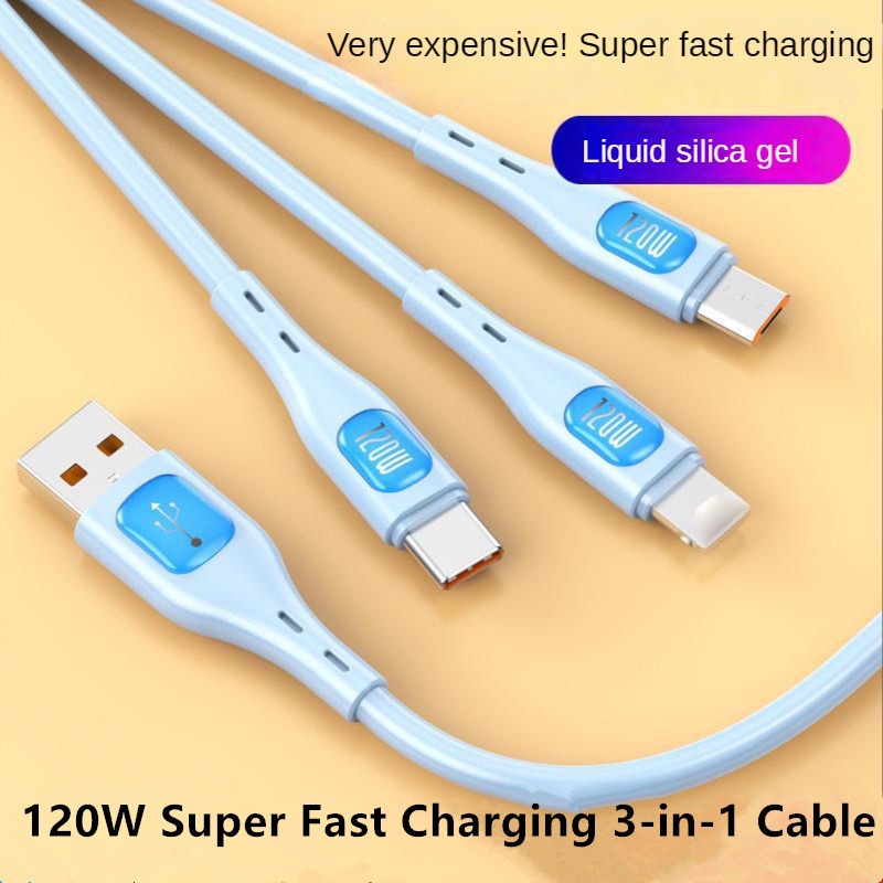 Lem Lembut Cair 120W 3-in-1 Kabel Pengisian Super Cepat Micro USB 6A Kawat Data Ponsel Untuk i-Phone14 13 Type C Android