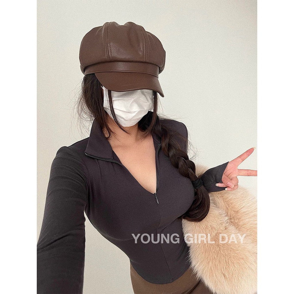 ❈Suhao YoungGirlDay Keinginan Murni Gadis Panas Elastis Ketat Slim Kerah Lengan Panjang Pinggang Bulu Bawah T-Shirt Top