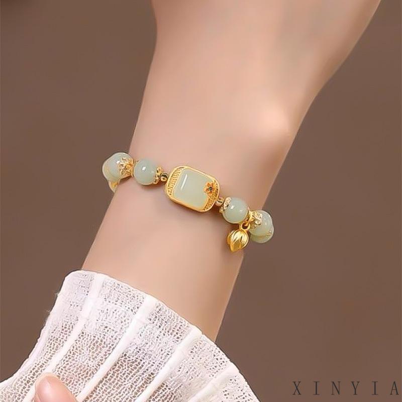 【Bayar di tempat】Gelang Tangan Manik-Manik Batu Jade Hetian Natural Bentuk Persegi Gaya Retro Untuk Wanita ACKER