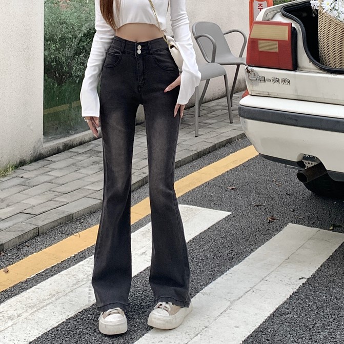 Celana jeans melebar pinggang tinggi high-waist hamparan luas leg denim kasual berkobar celana wanita Korea