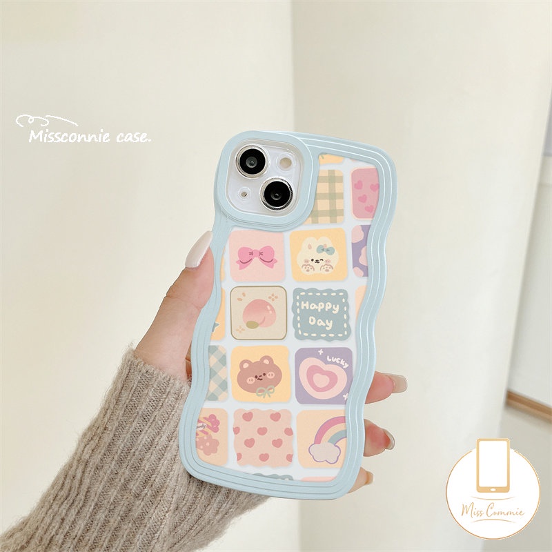 IPHONE Case Compatible Untuk Iphone6 6s 87s 11 Plus 11 12 14 13 Pro Max XR 14plus X XS Max SE 2020lucu Beruang Cinta Hati Pelangi Kartun Kisi Ilustrasi Lembut Gelombang Penutup Tepi