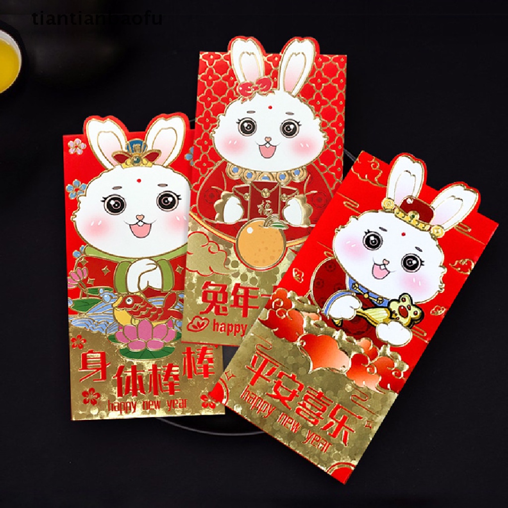 [tiantianbaofu] 6 Pcs Imlek Kelinci Tahun Festival Hongbao Bronzing Amplop Merah Kartun Anak Hadiah Uang Packing Tas Keberuntungan Uang Packing Tas Butik