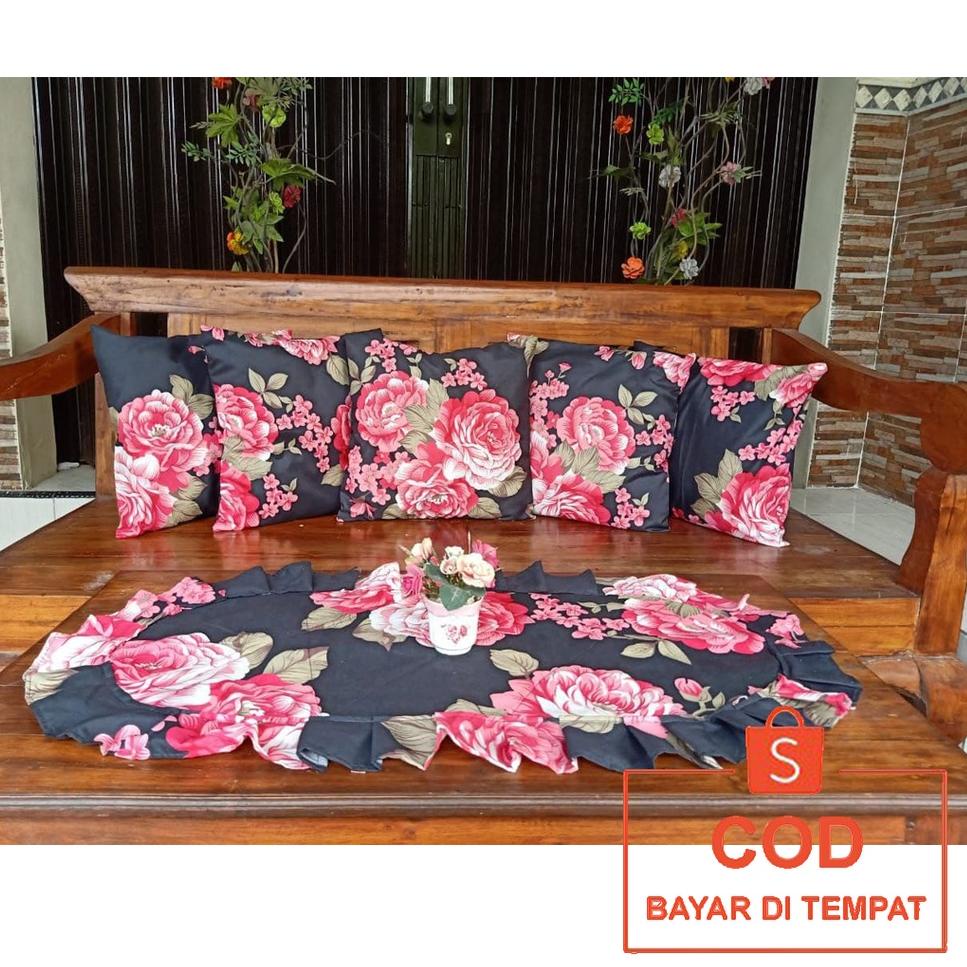 Paket Sarung Bantal Kursi Sofa 40x40 (5 Pcs) Dan Taplak Meja Dekorasi Ruang Tamu Perlengkapan Rumah 