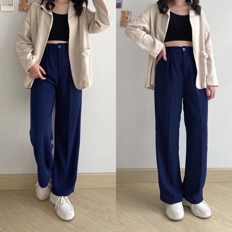 LOOSE PANTS TROUSERS CELANA ANTI KUSUT WANITA CELANA KULOT WANITA CELANA KANTOR FORMAL CELANA KERJA WANITA-NAVY