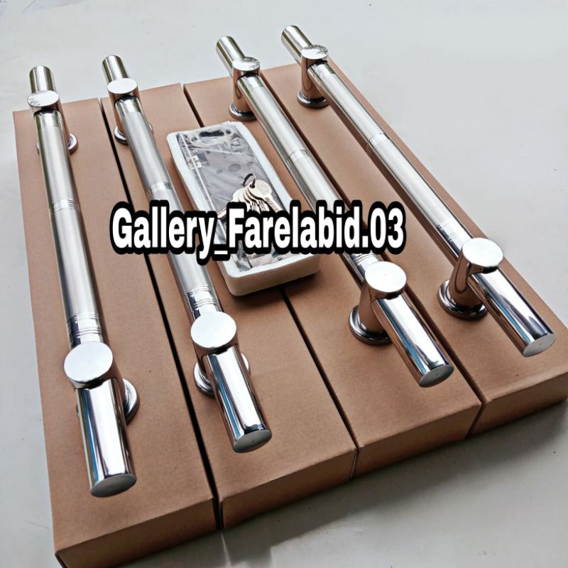 Handle Pintu Rumah Stainless Steel Kotak Crom 45 Cm Full Set Body Kunci Gagang Pintu Rumah Modern Mewah Set Bodi Pelor Pegangan Pintu Kupu Tarung Bulat Tarikan Pintu Rumah Utama Minimalis