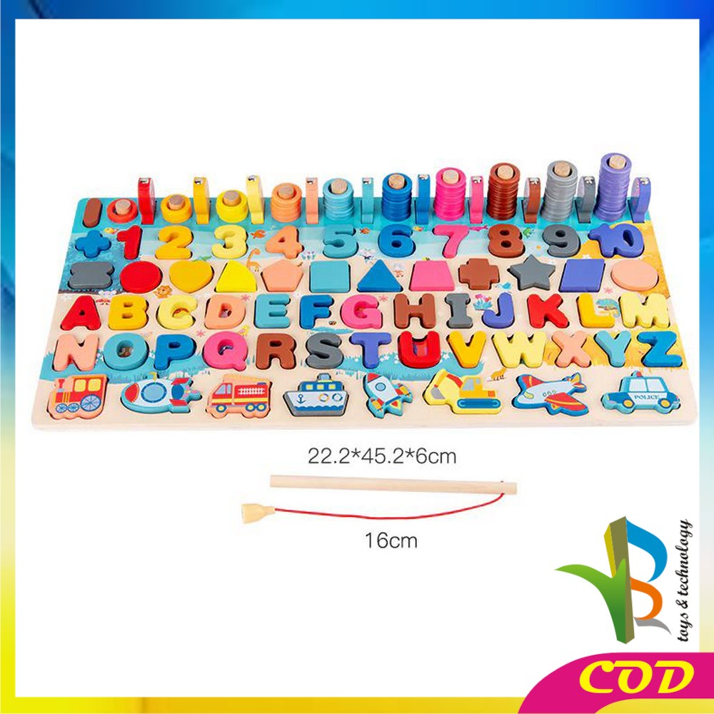 RB-M94 Mainan Edukasi 7in1 Puzzle Kayu Anak Huruf dan Angka Pancing Ikan Montessori Wooden Toys