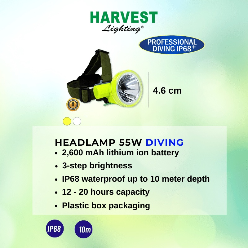 55W Headlamp HARVEST LIGHTING Senter Kepala LED Professional DIVING IP68 2600 MAH Lampu Emergency Selam Spearfishing Travel Hunting Rechargeable  Original Bergaransi