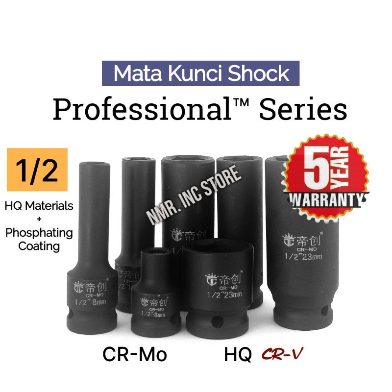 Mata Kunci Shock Impact 1/2 Professional Series CR-MO dan HQ CR-V, Panjang Pendek, Sok, sock, Socket