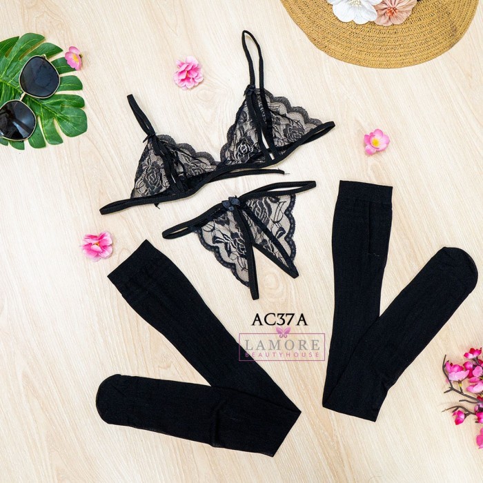 UNDERWEAR WANITA BH CD SEKSI + STOCKING SEXY LACE HITAM AC37A BAHAN BERKUALITAS TINGGI