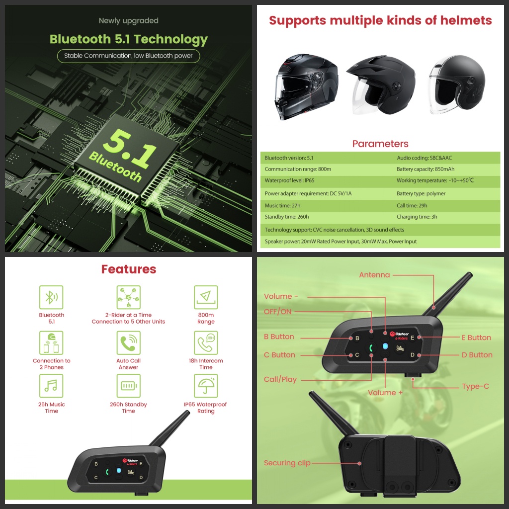 Teleheer V6 Bluetooth 5.1 Nirkabel Sepeda Motor Helm Intercom Headset Sistem Peredam Kebisingan Headphone 1200 M Rentang 6 Pengendara Full Duplex Interphone