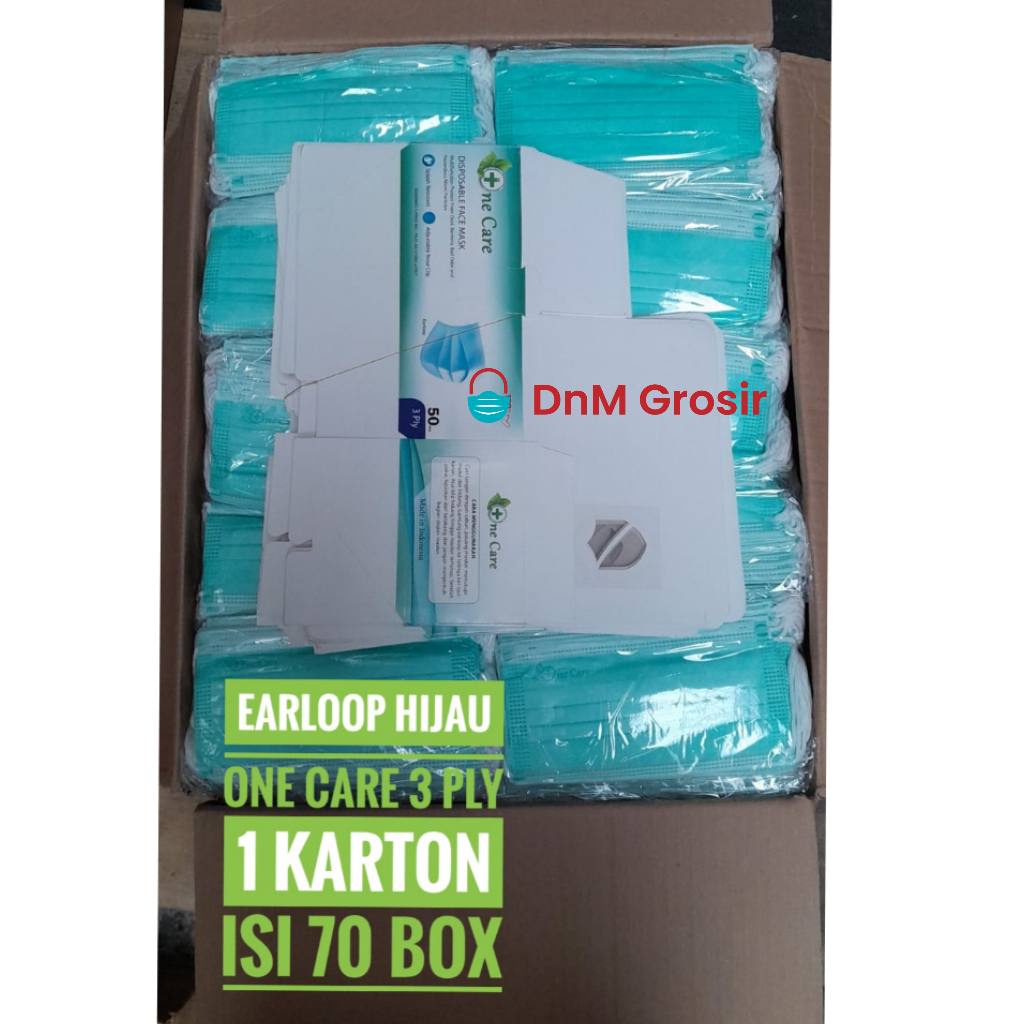 Masker Earloop Hijau One Care 3 ply 1 karton Isi 70 Box