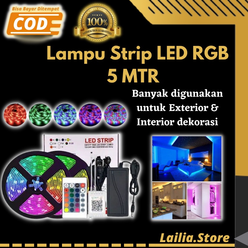 Lampu Strip LED Warna Warni RGB 5 MTR IP44 3528 Komplit Adaptor Remote