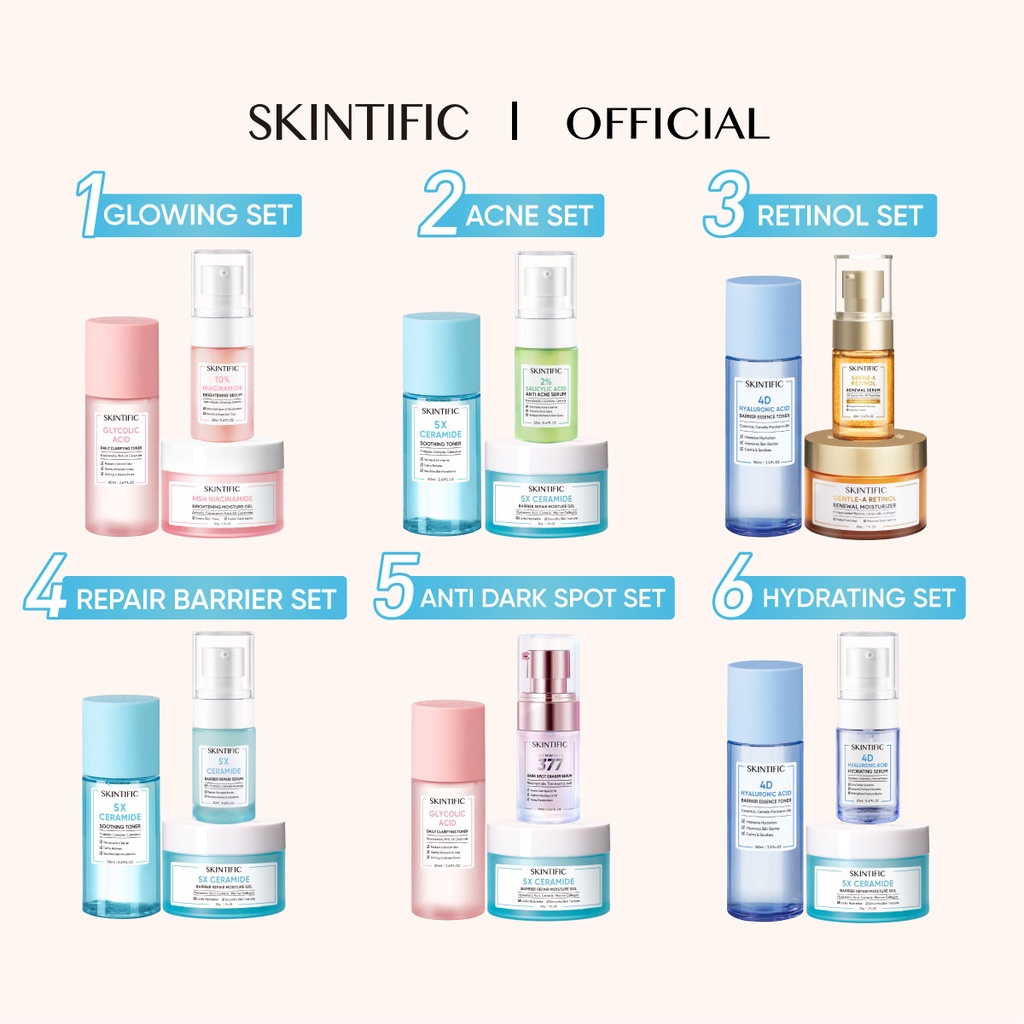 SKINTIFIC 3 pcs Paket Skincare with toner -  4D Hyaluronic Acid (HA) Barrier Essence Toner & 5X Ceramide Barrier Repair Moisturize Gel & 10% Niacinamide Brightening Serum 20Ml & 5% Aha Bha Pha Exfoliating Toner & 5X Ceramide Soothing Toner 80ml