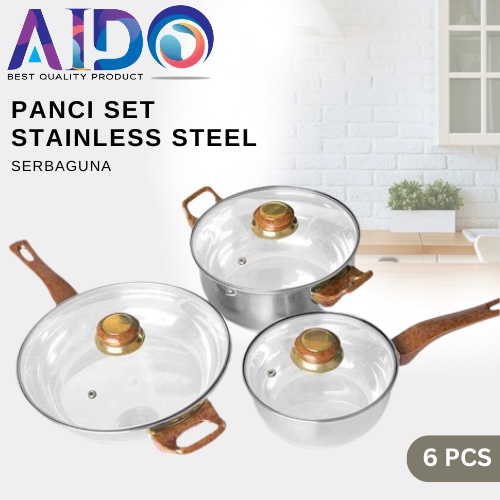 Panci Set plus tutup kaca Serbaguna Stainless Steel 6 Set 7206 Panci set stainless set cookware 6pc Q2 7206 - frypan panci serbaguna