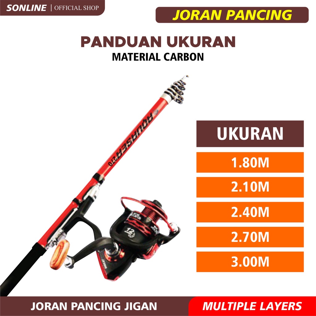 SONLINE Joran Pancing 1.80m s/d 3.00m Spinning Fishing Rod Fishing Pole Alat Carbon Fiber Joran Pancing Spinning Rod Ultralight Portable Jigan