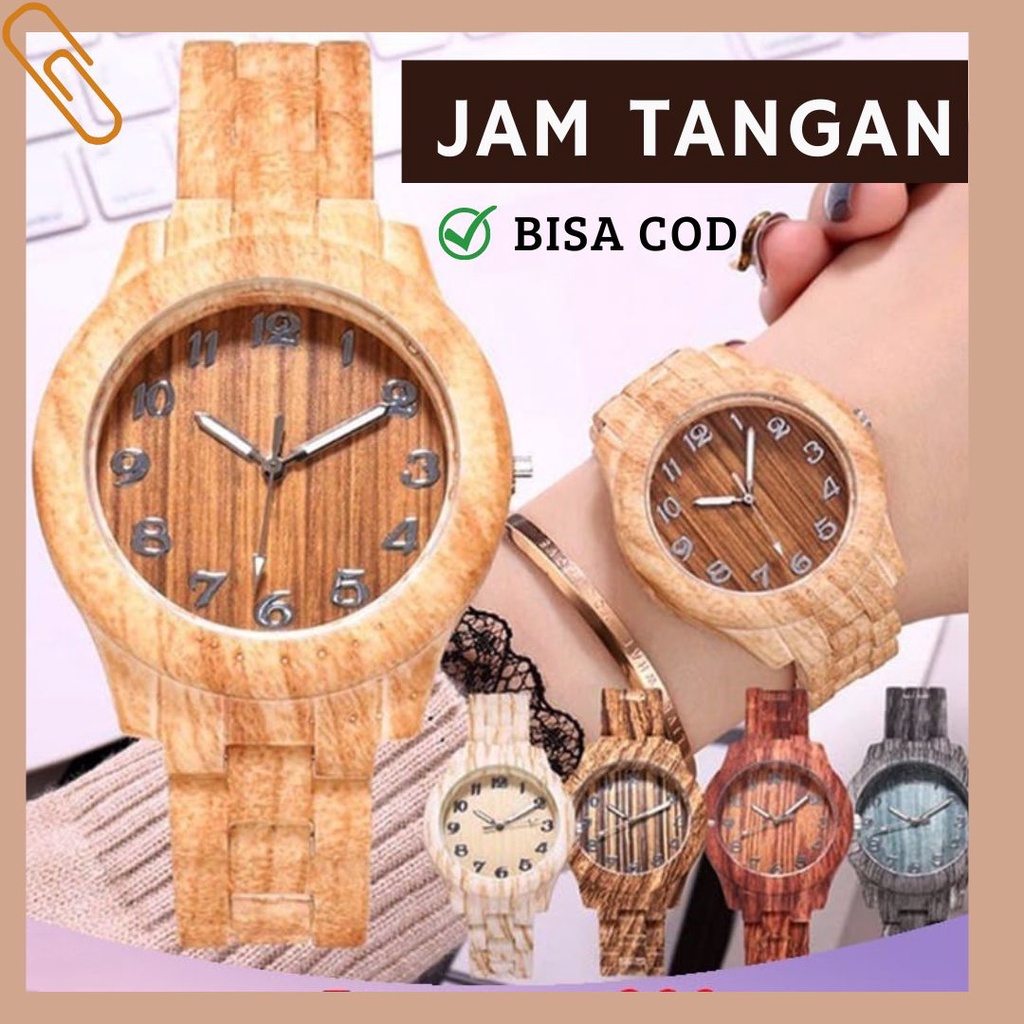 COD Jam Tangan Wanita Jam Tangan pria Kayu Sederhana Pria Dan Wanita Kasual Mode Kaca Bulat Strap Kayu Quartz Jam Tangan Pria