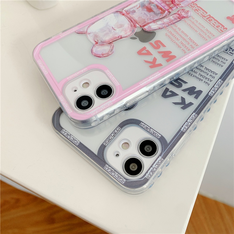 IPHONE Fashion Wave Violent Bear Transparan Phone Case Kompatibel Untuk Iphone13 12 11 Pro Max X Xs XR Frosted Edge Shock Resistant Lembut TPU Back Cover