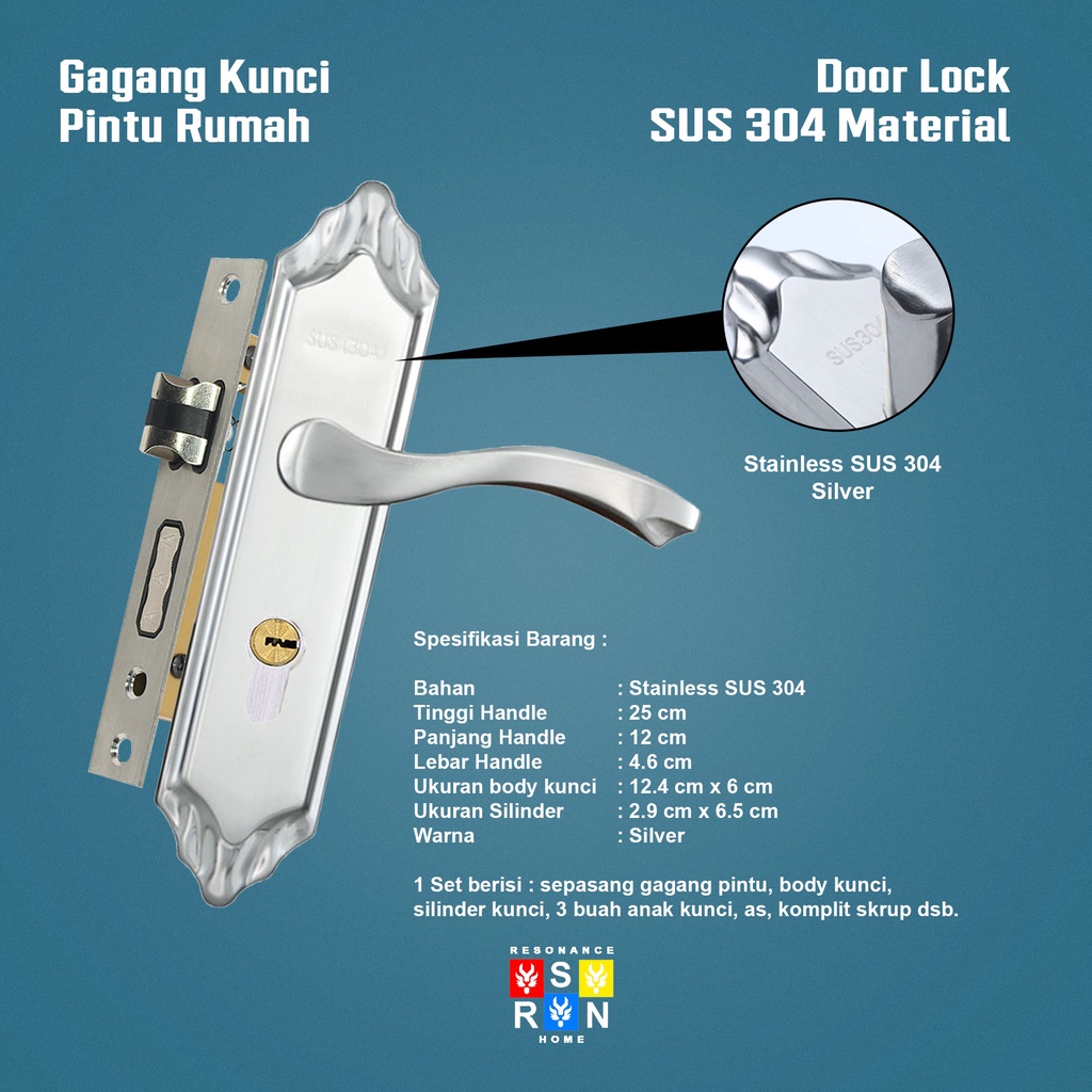 Set Gagang Kunci Pintu Eropa Tebal SUS 304 / Resonance Home