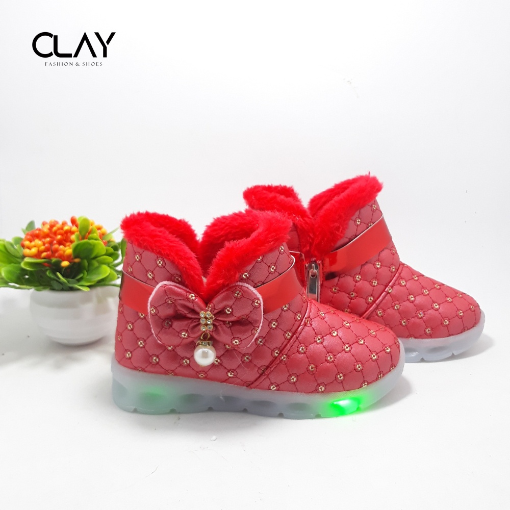 Clay| Sepatu Boot CN LED Lampu Anak Perempuan | Sepatu Boot Bulu Cantik