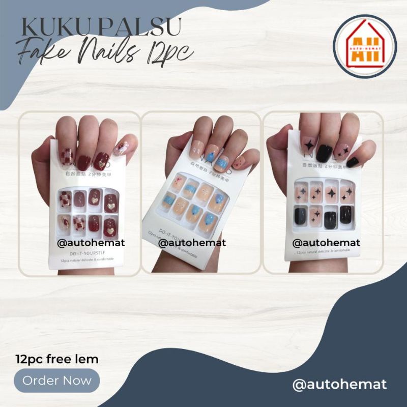 Fake Nail Art / Kuku Palsu Free lem 12pc / Kuku palsu set pendek panjang