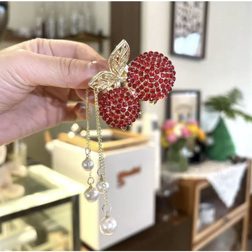 Lucu Penuh Berlian Cherry Rumbai Rambut Klip Fashion Berlian Imitasi Paduan Cakar Rambut Kecil Wanita Aksesoris Rambut