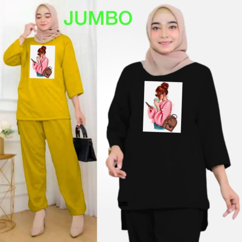 Setelan Kaos Wanita Dewasa Oversize Ld 130 cm Terbaru 2023 Viral Gambar DTF Bahan Kaos Babyterry Tangan 3/4 dan Celana Panjang One Set Wanita Dewasa Jumbo Kekinian Atasan Baju Wanita Dewasa Big Size Stelan Baju Wanita Santai Cewek MINUM KOPI